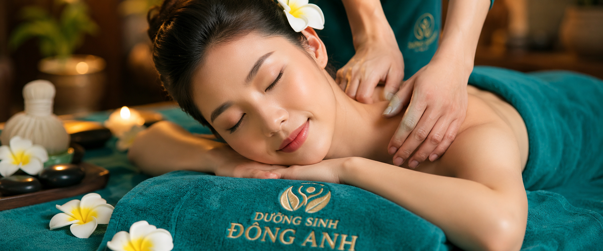 Dưỡng Sinh Đông Anh – Không gian thư giãn chuẩn spa với dịch vụ massage body, massage cổ vai gáy và gội đầu dưỡng sinh chuyên nghiệp. Hình ảnh mang phong cách sang trọng, nhẹ nhàng với tông xanh ngọc thư thái, kết hợp ánh nến và hoa tự nhiên tạo cảm giác thư giãn tuyệt đối. Dịch vụ chăm sóc sức khỏe giúp giảm căng thẳng, lưu thông khí huyết, giảm đau nhức cơ thể và mang lại cảm giác dễ chịu sau những giờ làm việc mệt mỏi. Dưỡng Sinh Đông Anh – điểm đến lý tưởng cho những ai yêu thích chăm sóc sức khỏe và thư giãn toàn thân.