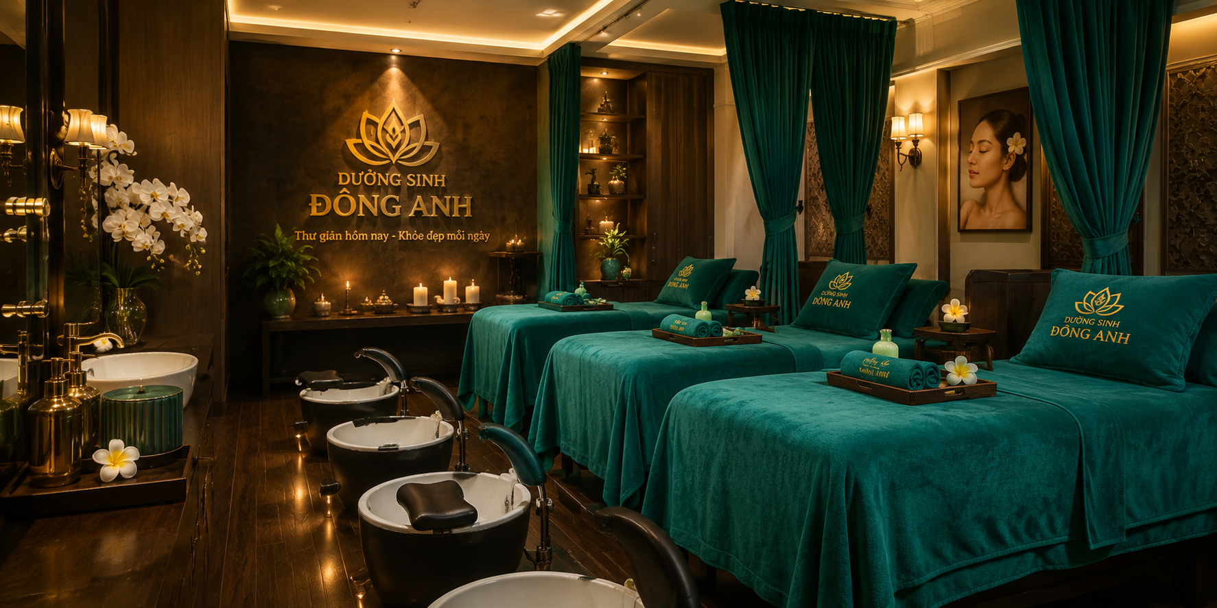 Dưỡng Sinh Đông Anh sở hữu không gian spa dưỡng sinh sang trọng với tone xanh ngọc kết hợp ánh sáng vàng ấm áp, mang đến cảm giác thư thái và dễ chịu ngay từ khi bước vào. Hệ thống giường massage cao cấp, khu vực gội đầu dưỡng sinh và chăm sóc cơ thể được thiết kế hiện đại, sạch sẽ và riêng tư.