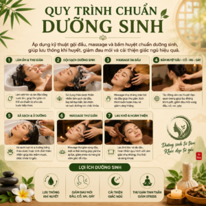 Quy trình chuẩn dưỡng sinh Áp dụng kỹ thuật gội đầu, massage và bấm huyệt chuẩn dưỡng sinh, giúp lưu thông khí huyết, giảm đau mỏi và cải thiện giấc ngủ hiệu quả.